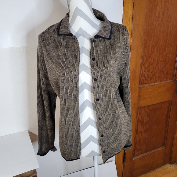 Womans Liz Claiborne Collection Pure Wool Sweater Jacket Brown/Navy Trim S L - Picture 2 of 9